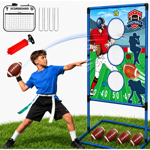 Beefunni Football Toss Game for Kids with 4 Inflatable Balls, Football Throwing Target with Pump and Erasable Scoreboard, Indoor Outdoor Sports Game Gift for Boys and Girls Ages 3+