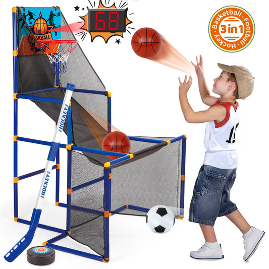 Beefunni 3-in-1 Kids Basketball Hoop Arcade Game, Scoor, Hockey, Indoor and Outdoor Sports Toy for Kids Age 3 4 5 6 7 8+, Birthday Christmas Gift for Boys Girls 3-12