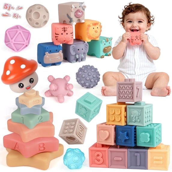 Beefunni Baby Toys 6-12 Months,Montessori Toys Soft Baby Teething Toys, Stacking Building Blocks, Sensory Development Educational Toys for Baby 12-18 Months