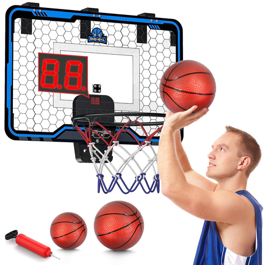 Beefunni 24'' X 16'' Large Basketball Hoop Indoor for Kids Adults, Over The Door Basketball Hoops with Electronic Scoreboard, Christmas Birthday Gifts for Boys Girls Toy (Blue)