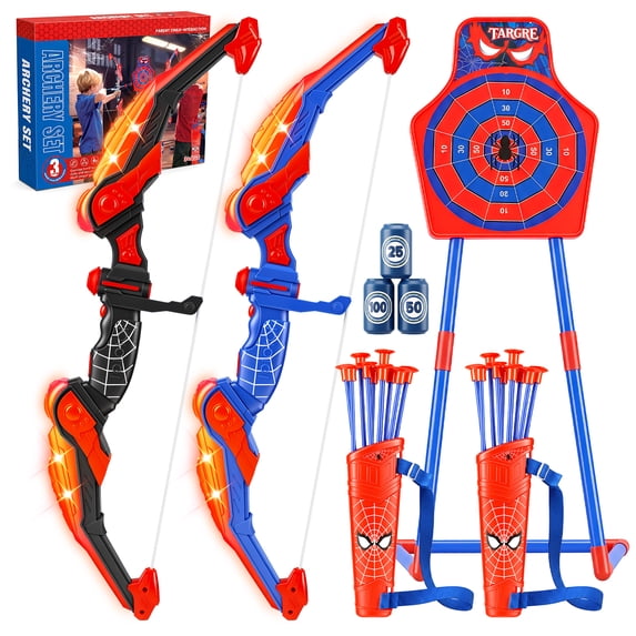 Beefunni Kids Bow and Arrow Toy Set with LED Light-Up Bows, 2-Player Archery-Style Toy with Target, Score Cans and Suction Cup Arrows, Indoor Outdoor Gift for Ages 6-12