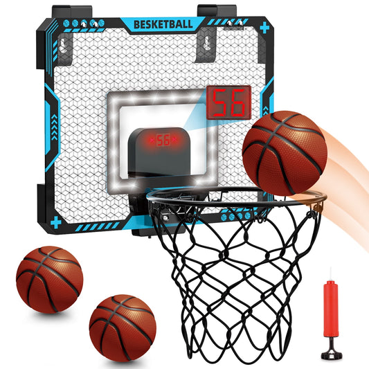 Beefunni Indoor Basketball Hoop for Kids, Over The Door Basketball Hoop with LED Lighting, Basketball Game Toys with Scoreboard & 3 Balls, Mini Hoop Basketball Toys Gifts for 5-12 Boys Girls
