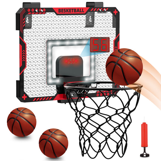 Beefunni Indoor Basketball Hoop for Kids, Over The Door Basketball Hoop with LED Lighting, Basketball Game Toys with Scoreboard & 3 Balls, Mini Hoop Basketball Gifts for 5-12 Boys Girls(Red)