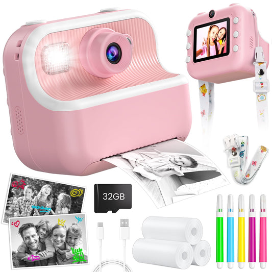 Beefunni Kids Digital Camera Instant Print, Christmas Birthday Gifts for Girls Boys Age 3-12, HD Selfie Camera with 32GB SD Card, Toy for 3 4 5 6 7 8+ Year Old Kids Toddlers-Pink