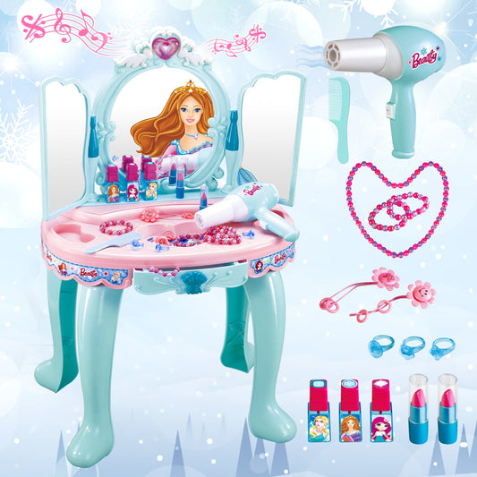 Beefunni Kids Vanity Set with Mirror, Pretend Play Girls Makeup Vanity Table Set with Light and Sounds, Birthday Toy Gift for Toddlers Girls Age 3-6 (Blue)