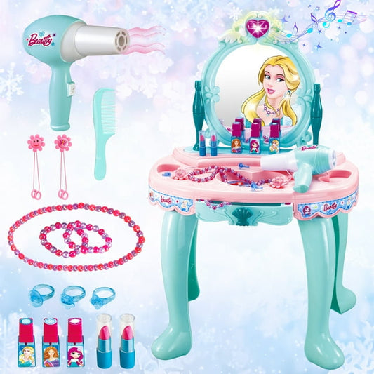 Beefunni Kids Vanity Set with Light and Sounds, Pretend Play Girls Makeup Vanity Table Set with Mirror, Birthday Christmas Gift for Toddlers Girls 3 4 5 6 Years Old (Blue)
