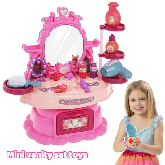 Beefunni Mini Kids Vanity Toy for Toddlers Girls 3 4 5 6+ Years, 24 Pcs Pretend Play Dress up Toys for Little Girl, Toy Dresser Birthday Christmas Gift for Toddlers Girl 3-6 Years.