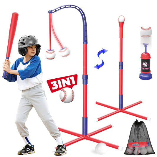 Beefunni 3-in-1 Baseball Set for Toddlers Kids 3-8 - Tee Ball Stand, Hanging Tee, Ball Launcher and 6 Baseballs - Indoor/Outdoor Sport Gifts for Boys (Red&Blue)