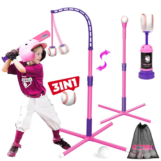 Beefunni 3-in-1 Baseball Set for Toddlers Kids 3-8 - Tee Ball Stand, Hanging Tee, Ball Launcher and 6 Baseballs - Indoor/Outdoor Sport Gifts for Boys (Pink&Purple)