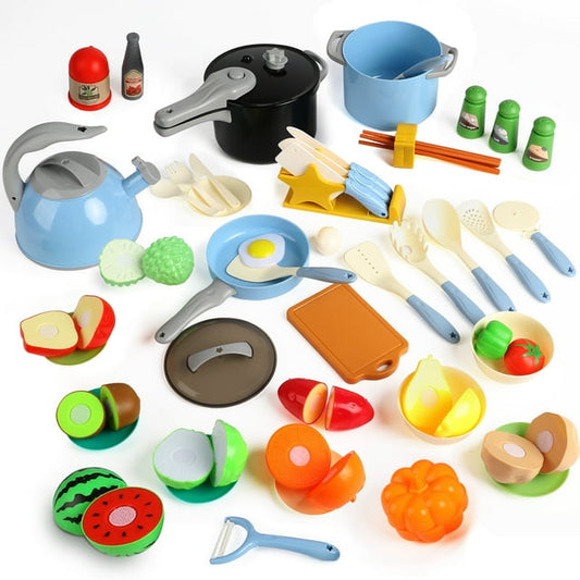 Beefunni 53 PCS Kids Kitchen Playset, Gift for Toddlers Kids Age 2-6 Pretend Cooking Play Food, Play Kitchen Accessories Set with Cutting Play Food, Birthday Gift Toy