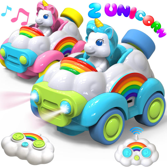 Beefunni Unicorn Toys for Girls Age 3-6, 2 Pack Remote Control Car for Tollders, RC Cars with LED Lights, Music & Sound, Christmas Birthday Gift for Kids (Pink and Blue)