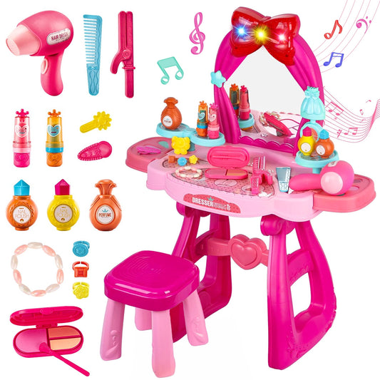 Beefunni Toddler Vanity Set, Kids Vanity with Mirror and Beauty Salon Set, Vanity Table Toy Birthday Gift for Girls Age 2 3 4 5