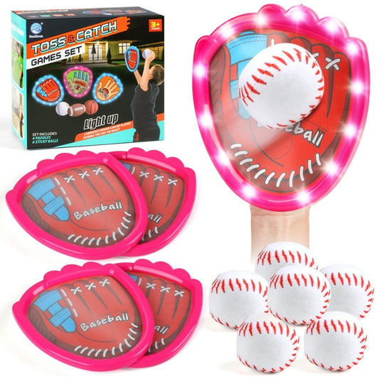 Beefunni Toss and Catch Baseball Toy Set, Indoor Outdoor Toys for Kids Family, with 4 LED Light-Up Gloves 6 Soft Sticky Ball, Gift for Kids Ages 3-12, Beginner Baseball Training