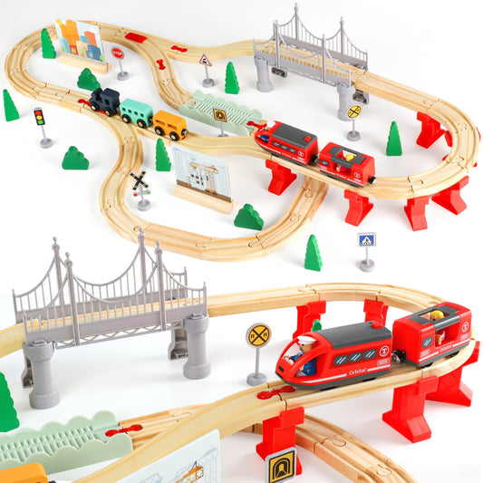 Beefunni 72PCS Wooden Train Set for Toddlers, Train Set Track，Birthday Christmas Train Toy Gift for Boys Girls 3 4 5 6 Years Old