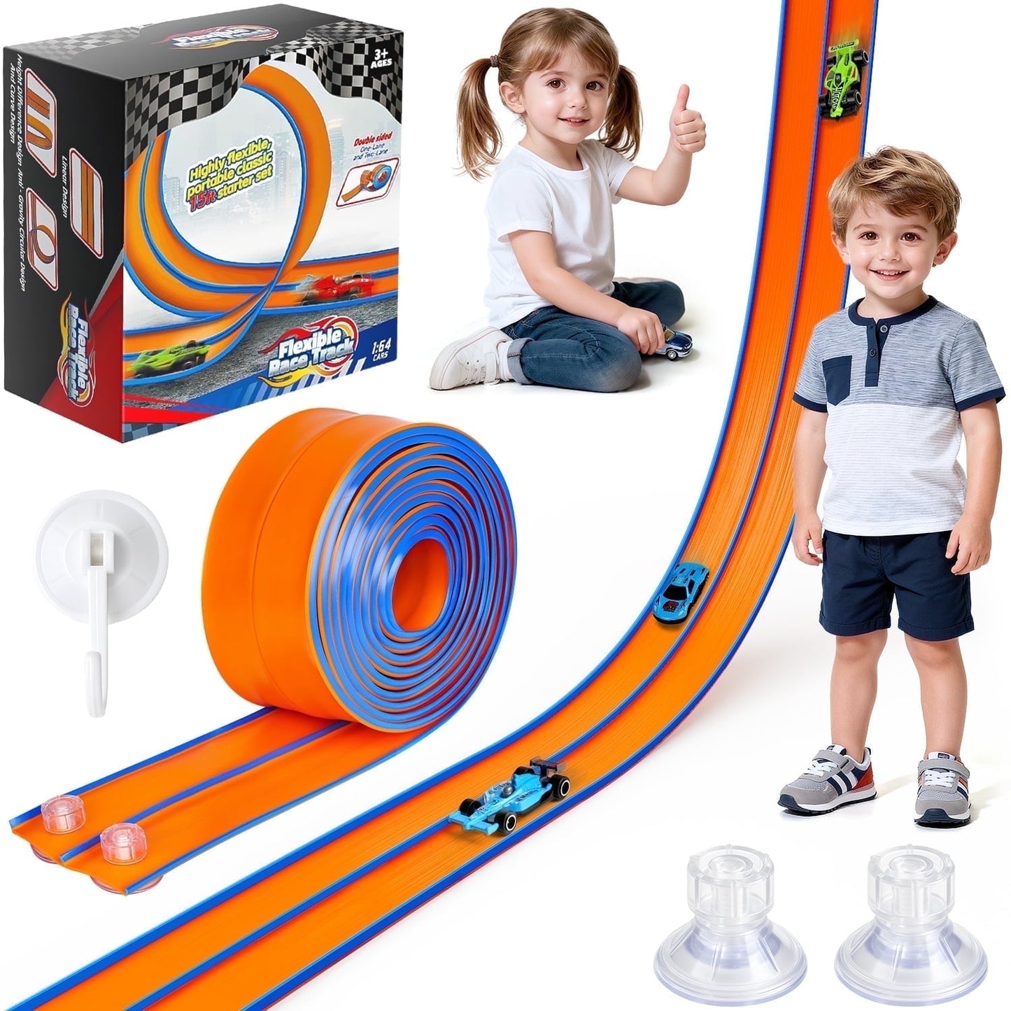 Beefunni 15FT Flexible Race Track for Kids, Bendable Track with Suction Cups, Portable & Foldable Indoor/Outdoor Toy, Compatible with Most 1:64 Toy Cars, Creative Gift for Boys & Girls