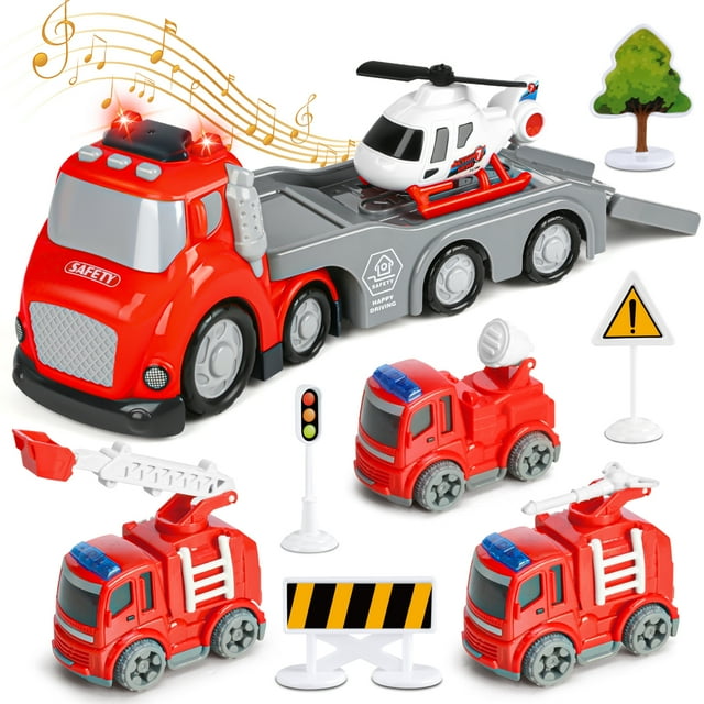 Beefunni Toddler Toys for Boys 3 4 5 6 Years Old, Fire Car Truck Carrier Vehicle Toy Set with Light & Sound, Christmas Birthday Gift Car Set for Kids Boys Girls