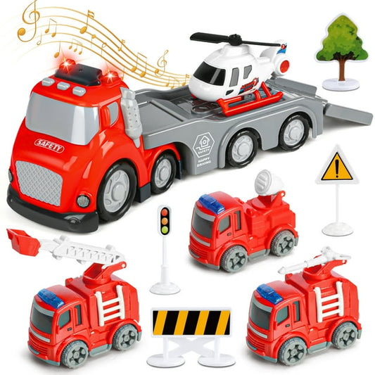 Beefunni Toddler Toys for Boys 3 4 5 6 Years Old, Fire Car Truck Carrier Vehicle Toy Set with Light & Sound, Christmas Birthday Gift Car Set for Kids Boys Girls