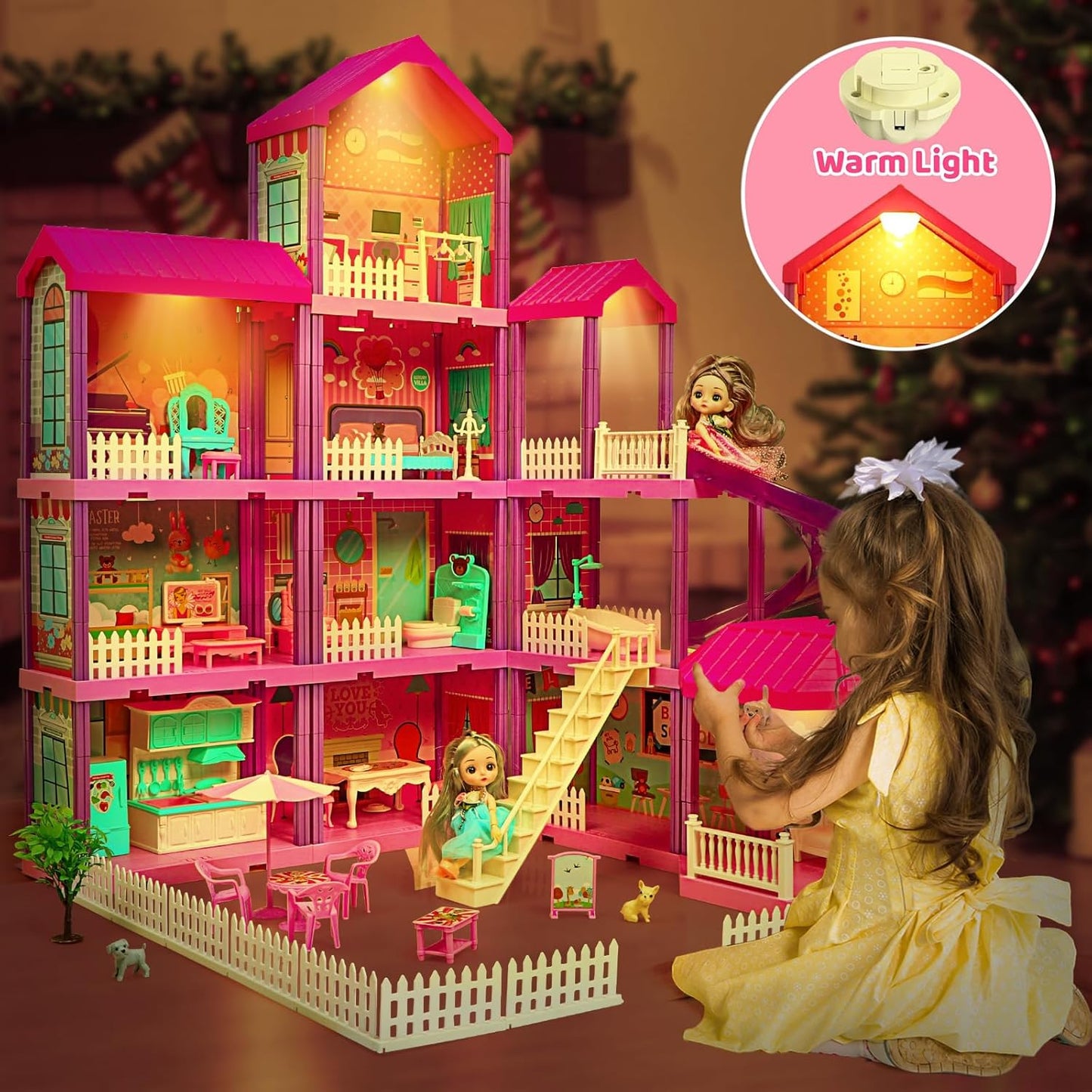 beefunni 36 inch Dollhouse, with Slide, Dolls and 11 Rooms, Creative Dollhouse Toys for Girls, Gift for 3 to 8 Year Old, Assembly Required