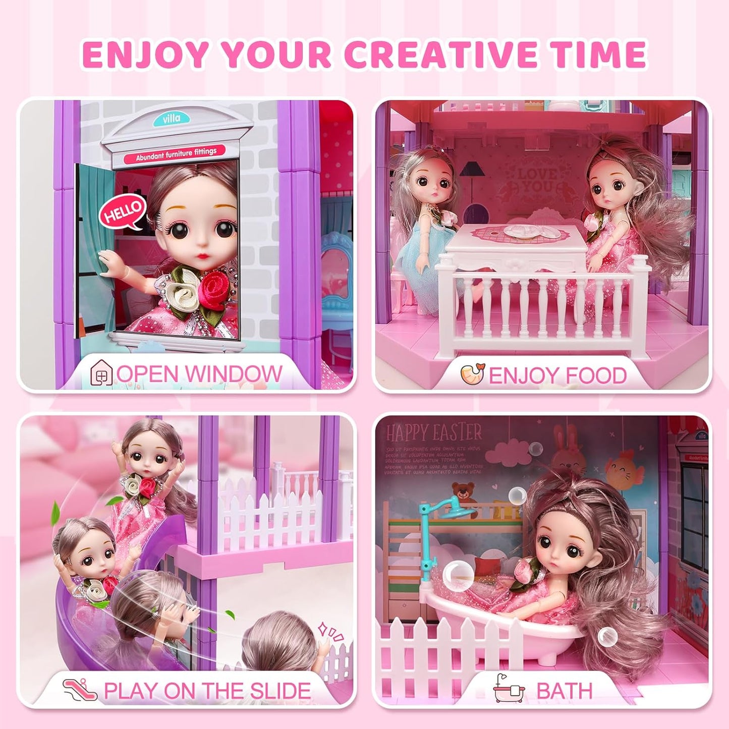 beefunni 36 inch Dollhouse, with Slide, Dolls and 11 Rooms, Creative Dollhouse Toys for Girls, Gift for 3 to 8 Year Old, Assembly Required
