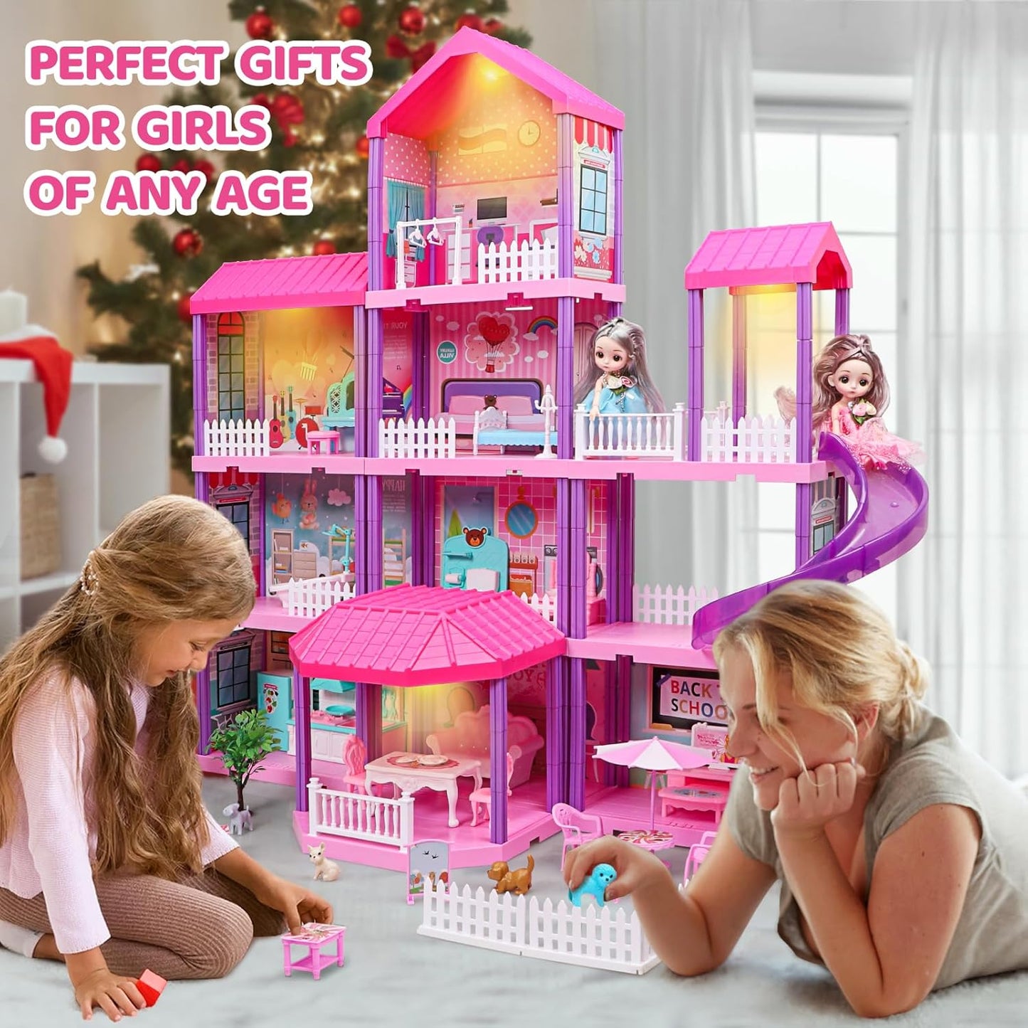 beefunni 36 inch Dollhouse, with Slide, Dolls and 11 Rooms, Creative Dollhouse Toys for Girls, Gift for 3 to 8 Year Old, Assembly Required