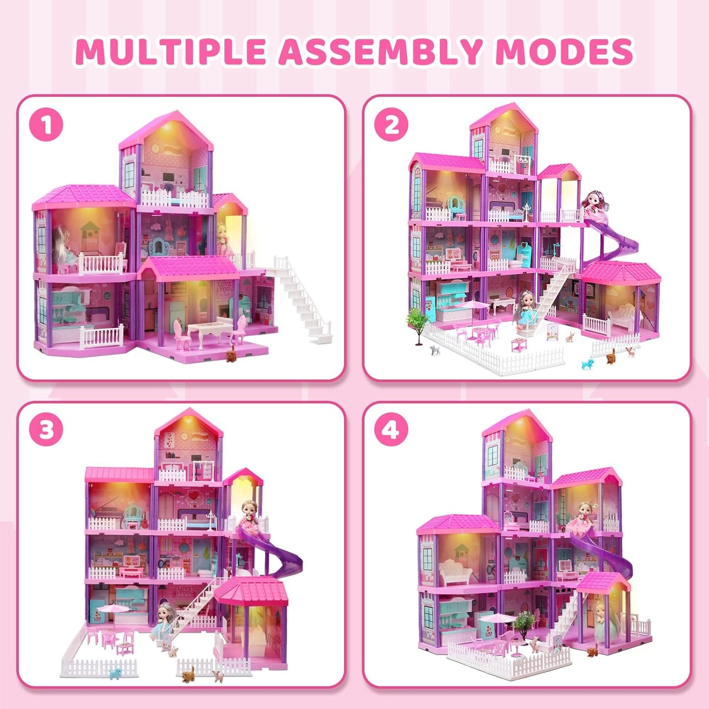 beefunni 36 inch Dollhouse, with Slide, Dolls and 11 Rooms, Creative Dollhouse Toys for Girls, Gift for 3 to 8 Year Old, Assembly Required