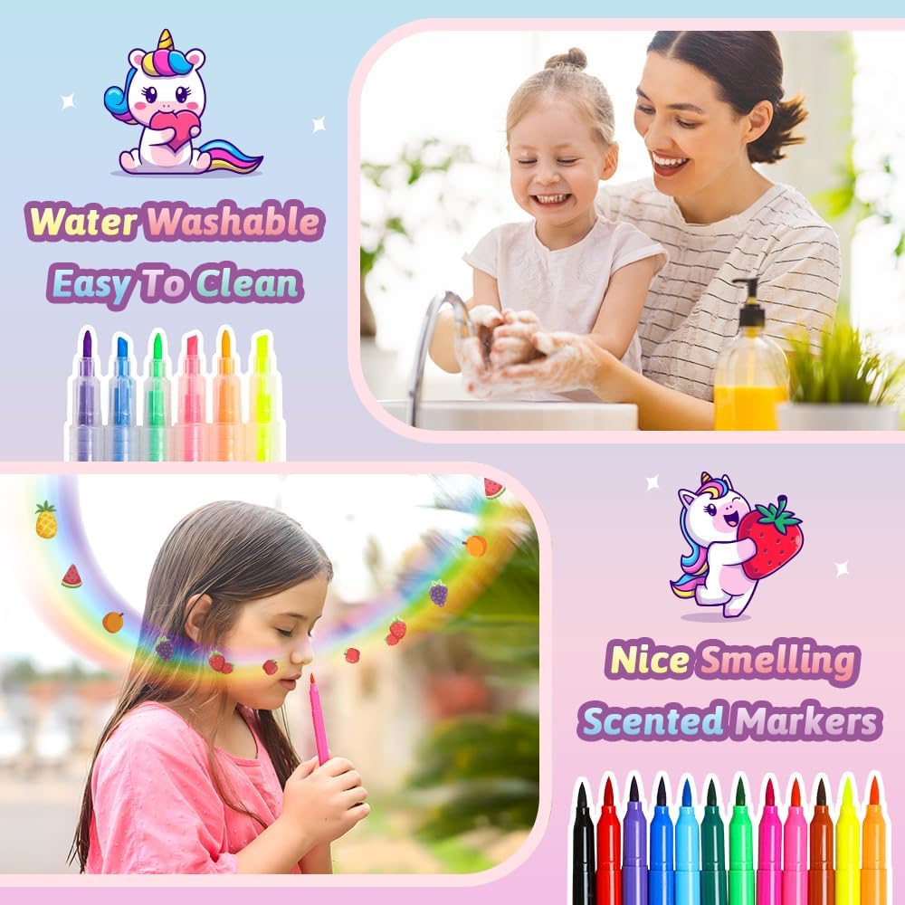 beefunni Unicorn Fruit Scented Markers Set 56 Pcs, Art Supplies for Kids 4-6-8, Arts and Crafts Coloring Set, Markers Pencil Crayon&Gel Pen Drawing Kits - Birthday Gifts for Girls 4 5 6 7 8 Year Old