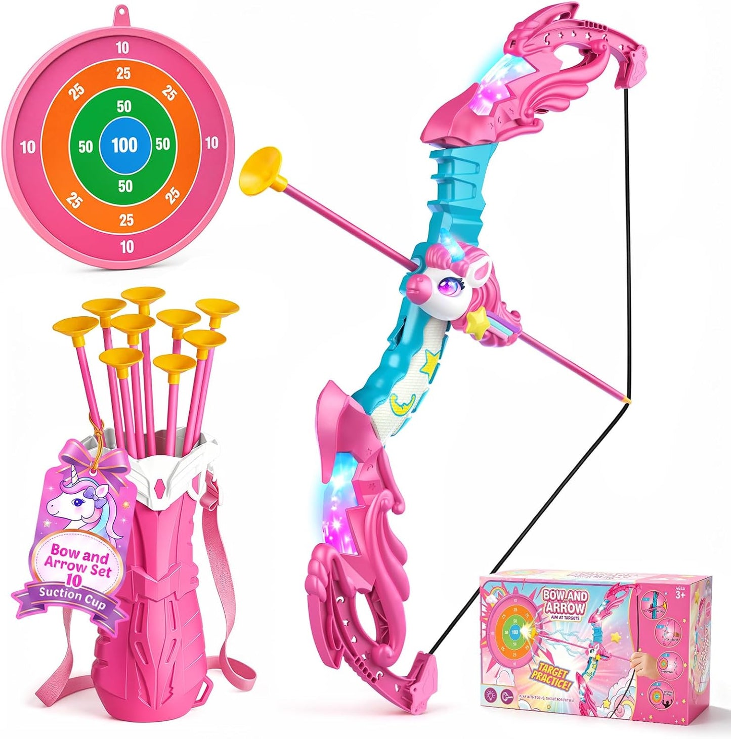 beefunni Unicorn Bow and Arrow Set for Girls Ages 3-12, LED Light Up Kids Archery Toy Set with 10 Suction Cup Arrows, Christmas Birthday Gifts for Girls Ages 4-6