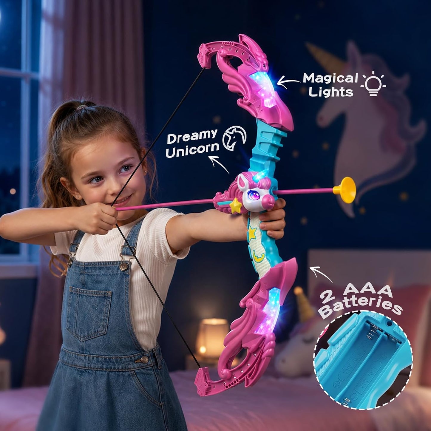 beefunni Unicorn Bow and Arrow Set for Girls Ages 3-12, LED Light Up Kids Archery Toy Set with 10 Suction Cup Arrows, Christmas Birthday Gifts for Girls Ages 4-6