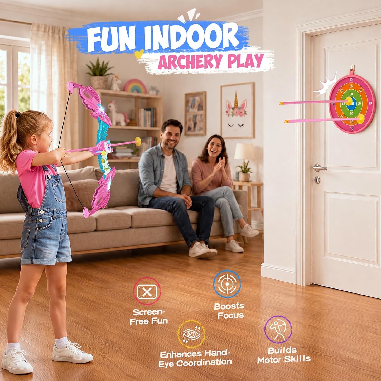 beefunni Unicorn Bow and Arrow Set for Girls Ages 3-12, LED Light Up Kids Archery Toy Set with 10 Suction Cup Arrows, Christmas Birthday Gifts for Girls Ages 4-6