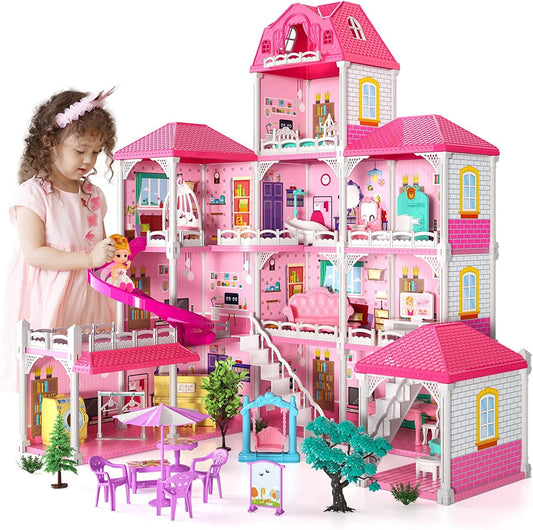 Dollhouse for Girls,4 Stories 12 Rooms Dollhouse with 2 Princesses Slide Accessories,Toddler Playhouse Gift for for 3 -6 Year Old Girls Toys