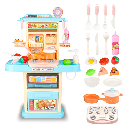 Play Kitchen Set Toys for Girls Ages 3-6, Kids Blue-Pink Kitchen PlaySet with Realistic Lights&Sounds, Birthday Gifts for Toddlers Girls.