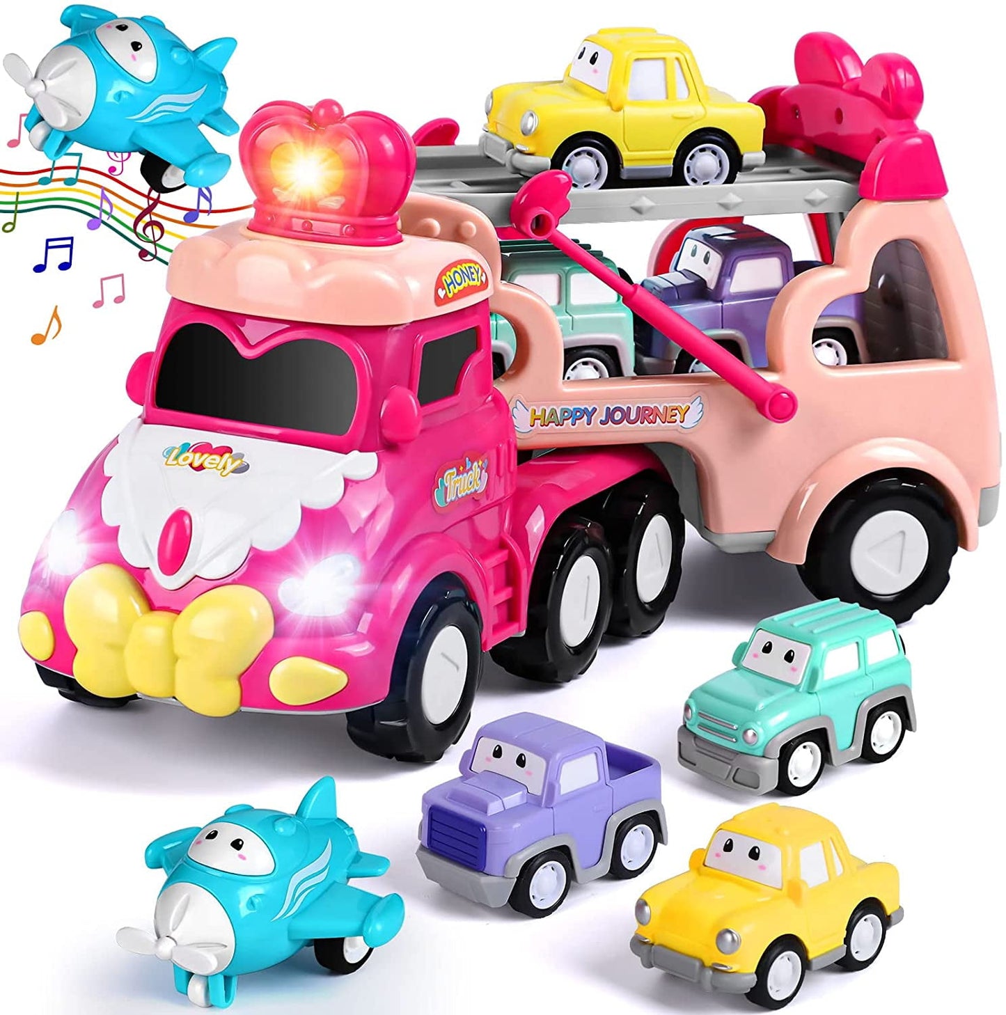 5 in 1 Transport Carrier Car Toy Set, Pink Princess Toys Truck Vehicle with Lights Music for Girls Toddler Kid, Child Play Birthday Gift Christmas Party Favors