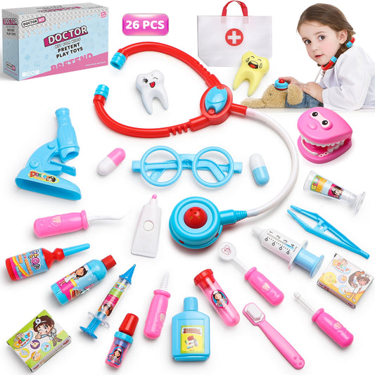 Doctor Kit for Toddlers, 26 Pieces Pink Dentist Pretend Play Set, Educational Toys Christmas Gift for Kids Boys Girls Aged 3+
