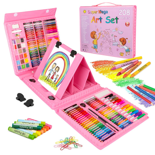 All-in-One Art Set, 208 Pcs Color Set Art Supplies for Kids 4-6, Pink Trifold Easel Drawing Kit for Girls 6-8, School Supplies Art Coloring Kit, Best Birthday Gift for Kids