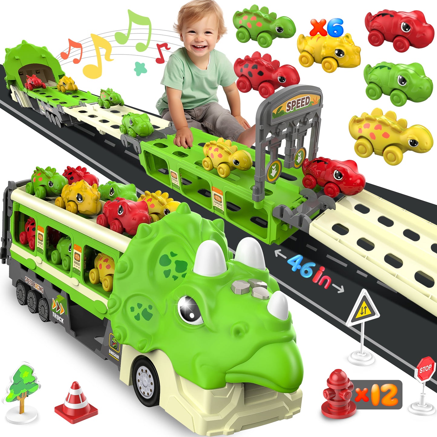 46 inch Dinosaur Cars Toys Transport Car Carrier Truck with 6pcs Dinosaur Cars, Race Track Playset with Lights Sounds, Construction Truck Toys Cars for Toddlers Boys 3-5 5-7 Years Old Gift