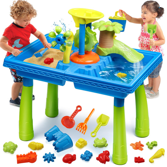 Sand Water Table, Kids Beach Summer Toys Sandbox Table Outdoor Activity Sensory Play Table for Toddlers 1-3