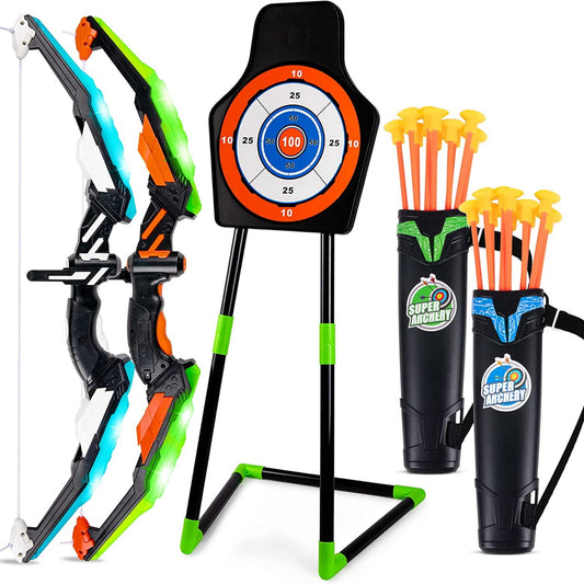 Bow and Arrow for Kids, Light Up Archery Toy Set with 20 Suction Cup Arrows & Standing Target, Indoor Outdoor Gifts Toys for 4 5 6 7 8 Year Old Boys Girls