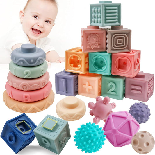Baby Blocks Toys Soft Stacking Blocks Baby Sensory Ball Infant Bath Toys Squeeze Play with Numbers Shapes Animals Fruit and Textures Toy for Babies Toddlers 6 Months