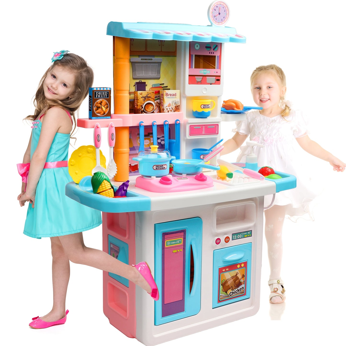 33 inch Blue Play Kitchen Girls Toy Pretend Food - Kitchen Toys for Kids Ages 4-8, Kitchen Set for Toddlers 1-3, Play Kitchen Accessories for Girls Boys