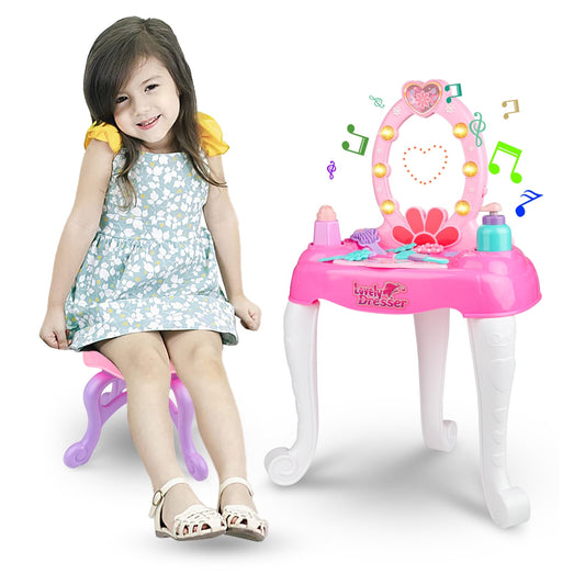Little Girls Vanity Set with Mirror and Stool, Pink Princess Pretend Play Makeup Set Table Toys for Girls, Birthday Christmas Gifts for Kids 3 Years and Up
