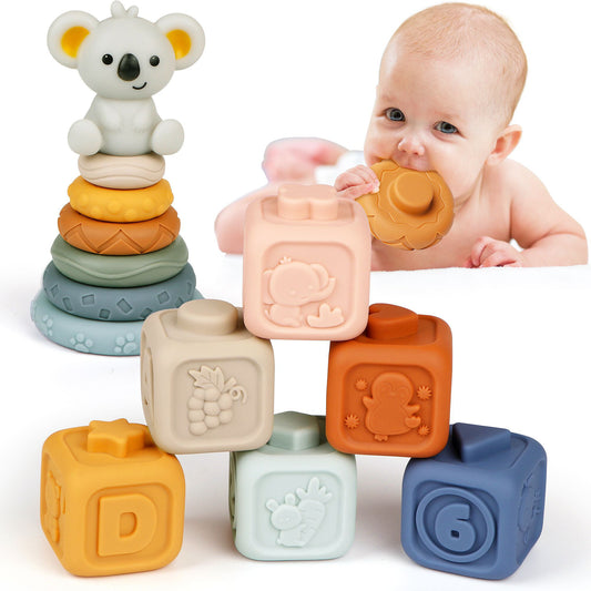 Baby Sensory Toys, Teething Stacking Blocks&Circles, 13 Pcs Soft Montessori Toys for 6 Month up