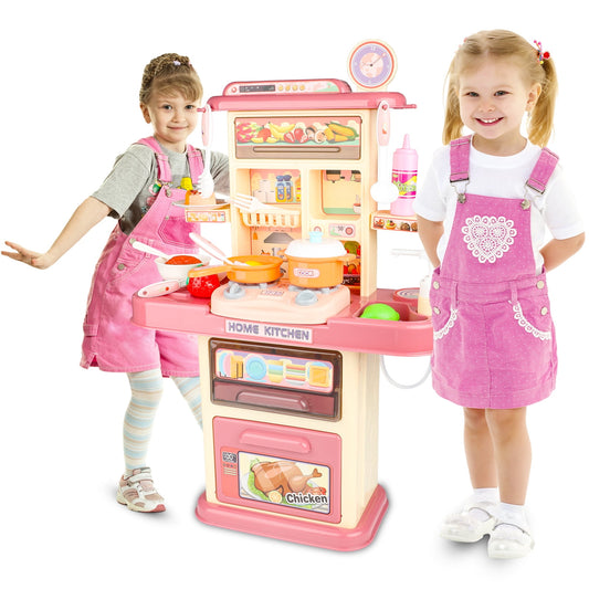 Play Kitchen Playset Pretend Food - 20 PCS Pink Kitchen Toys for Toddlers, Toy Accessories Toddler Set Real Sounds and Light, Ideal Birthday Gift for 3-8 Years Old Kids