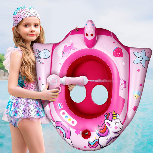 Inflatable Swimming Pool Floats for Kids with Squirt Gun, Ride-on Unicorn Space Boat, Summer Toys Water Floaties for Girls Age 3-12