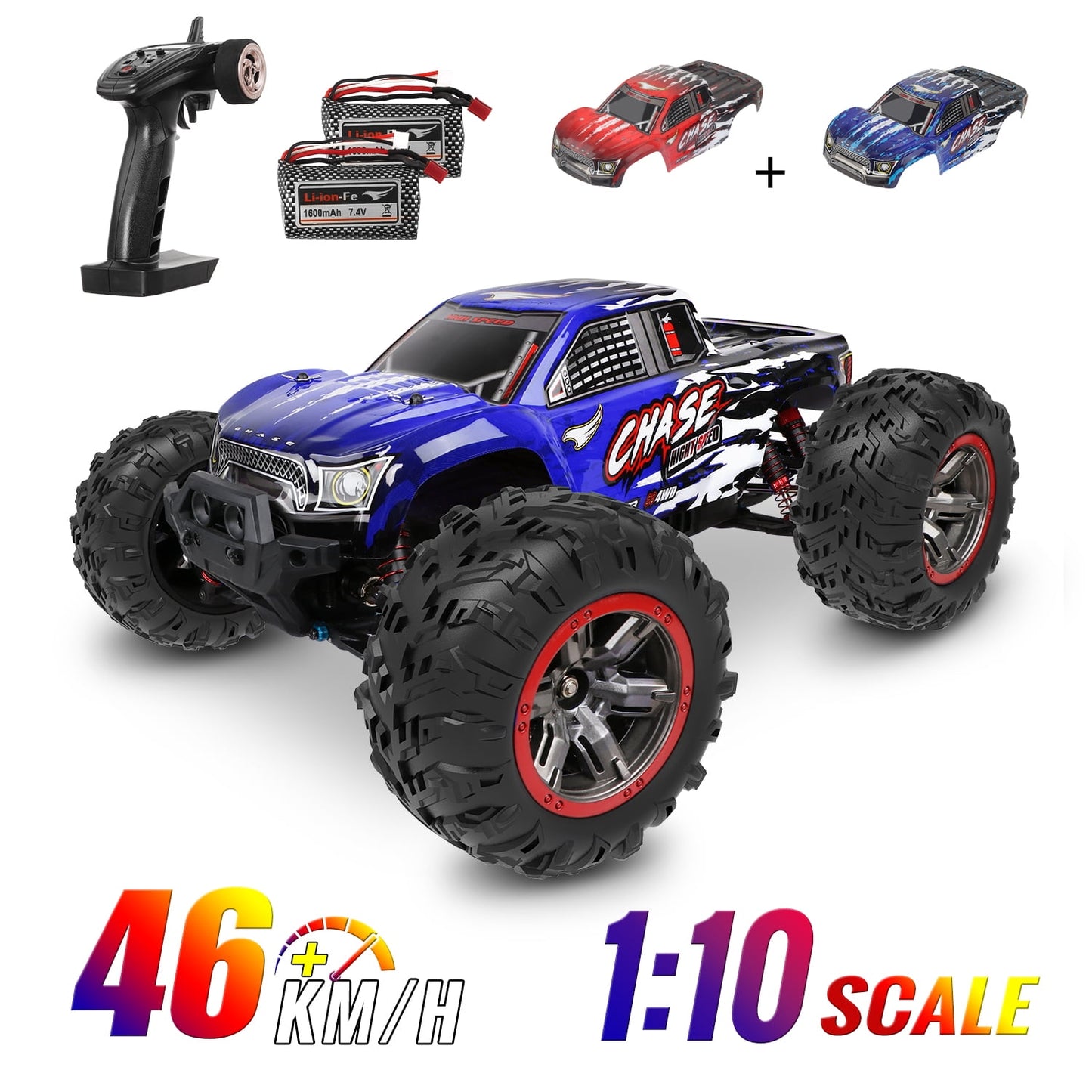 Large Remote Control Car 1:10 Scale RC Cars High Speed 46+KM/H 4WD Waterproof Off-Road RC Trucks Gifts for Adults and Boys