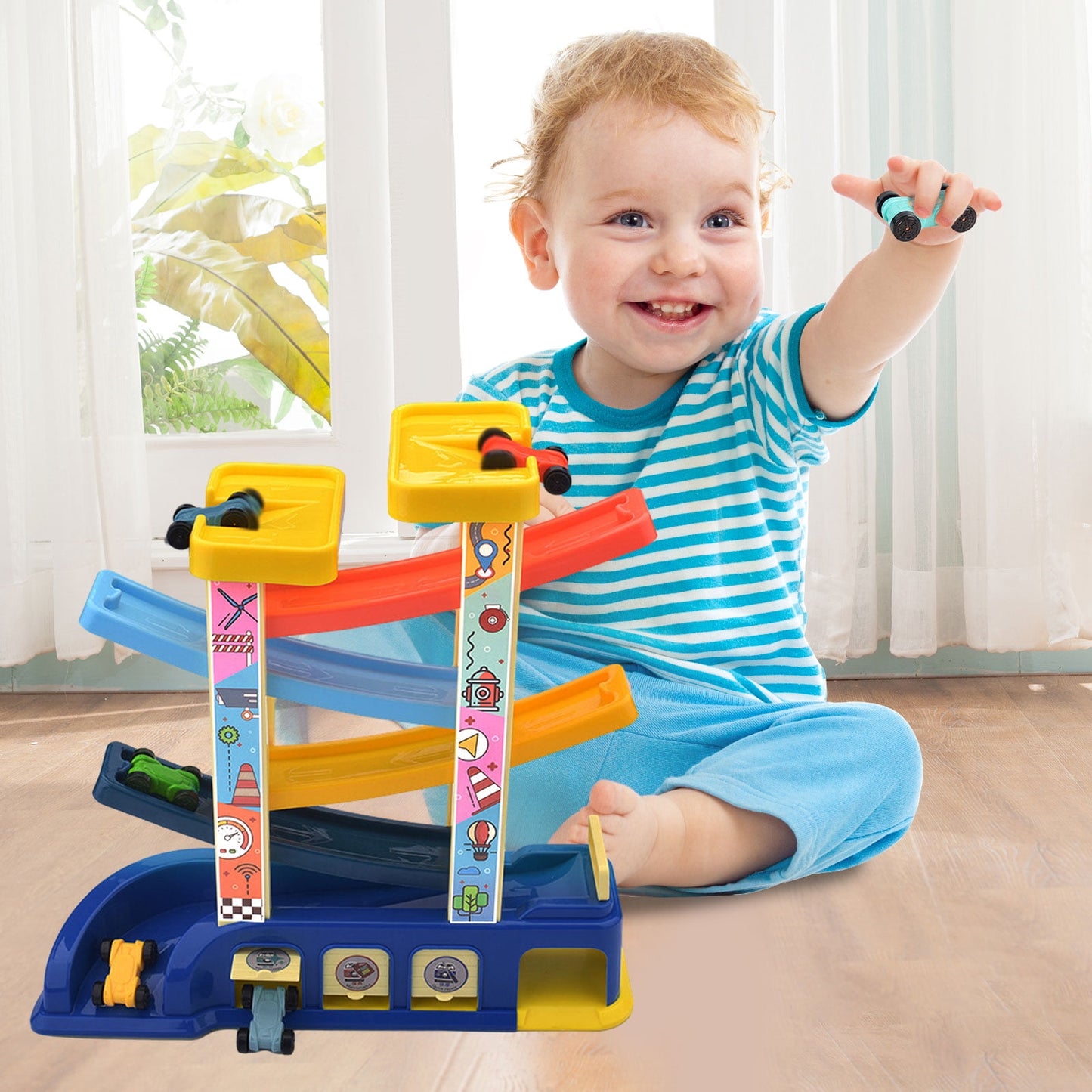 Car Ramp Toy for Toddler,Wooden Race Track Car Ramp Racer with 6 Mini Car Gift for 1 2 3 Year Old Boy