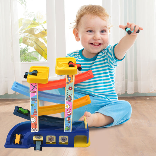Car Ramp Toy for Toddler,Wooden Race Track Car Ramp Racer with 6 Mini Car Gift for 1 2 3 Year Old Boy