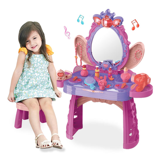 Toddler Pretend Play Girls Vanity Set With Mirror And Stool, Kids Makeup Vanity Table, Includes Fashion Hair & Makeup Acessoriey & Blowdryer,3-8 years old girls toys