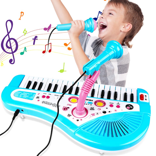 Piano Toy for Kid, Musical Keyboard Blue Instrument with Microphone for Toddlers Baby Girls Boys Aged 4 5 6+