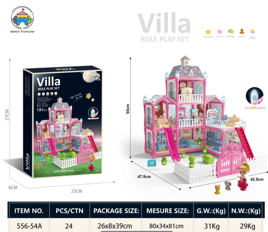 Doll House Set with 6 Rooms and Furniture Accessories, Pink Play Dream House for Girls, DIY Building Pretend Play Doll House Gift Toy for Kids