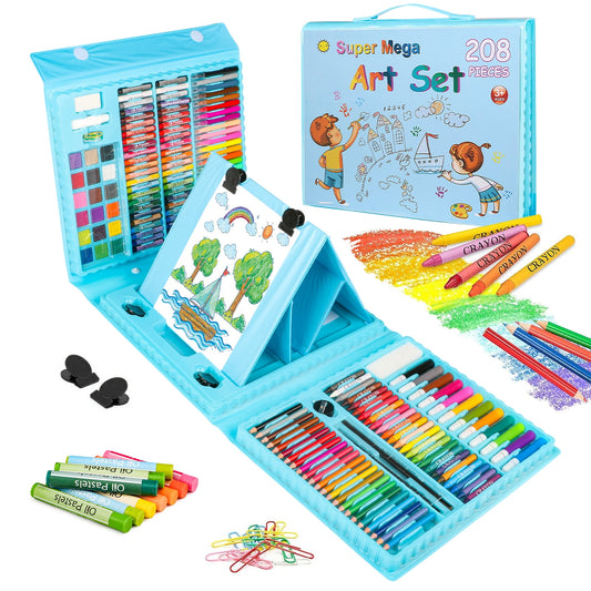 Premium Art Set for Kids 4-6, 208 Pcs Blue Color Set, Art Supplies Coloring Kit, Trifold Easel Drawing Kit, Arts & Crafts - Ideal for School, Birthday Gift for Kids 6-8